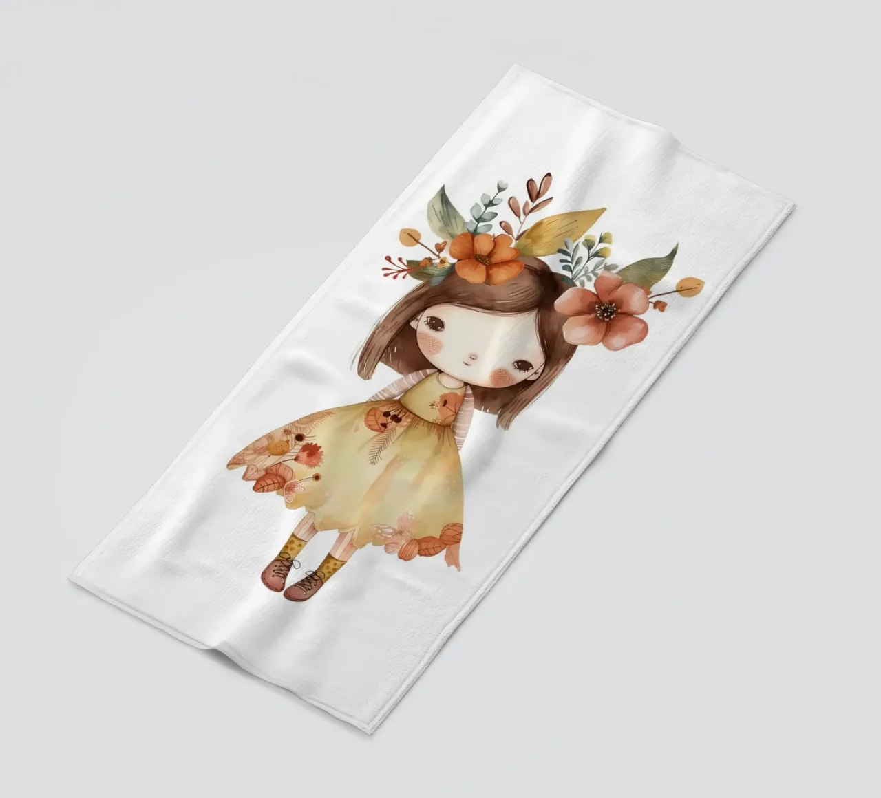 Ragazza autunnale con corona floreale - Acquerello per bambini Boho telo mare da ClubArt