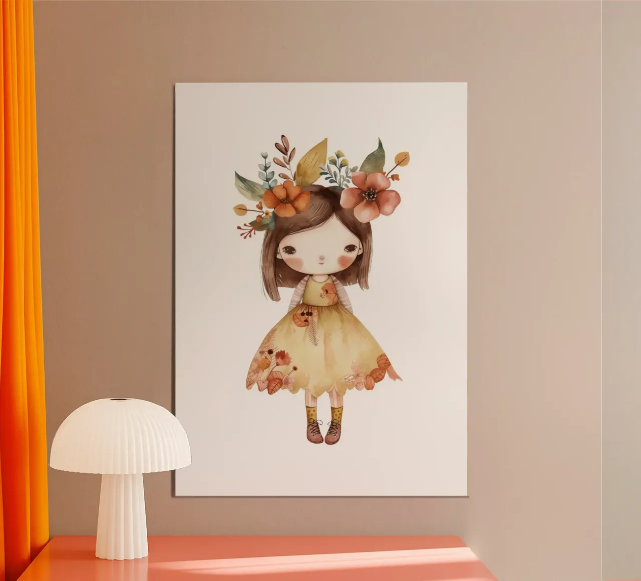 Ragazza autunnale con corona floreale - Acquerello per bambini Boho alluminio dibond da ClubArt