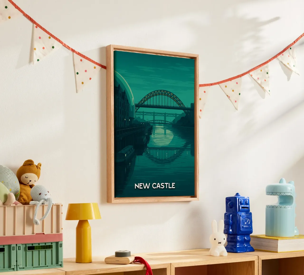 nieuw kasteel skyline vector schilderij canvas met Baklijst van adzkiya