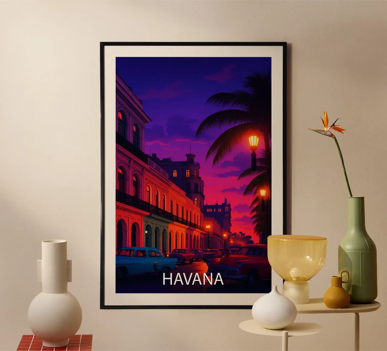 havana skyline vector painting poster con marco de madera de adzkiya