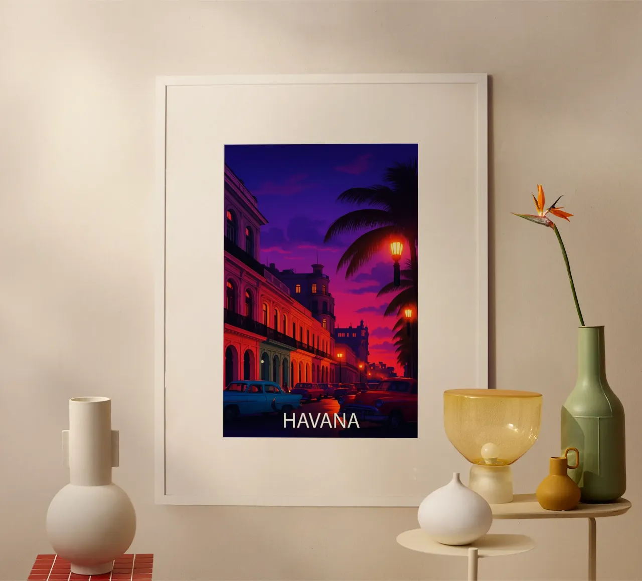 havana skyline vector painting poster con marco de madera de adzkiya