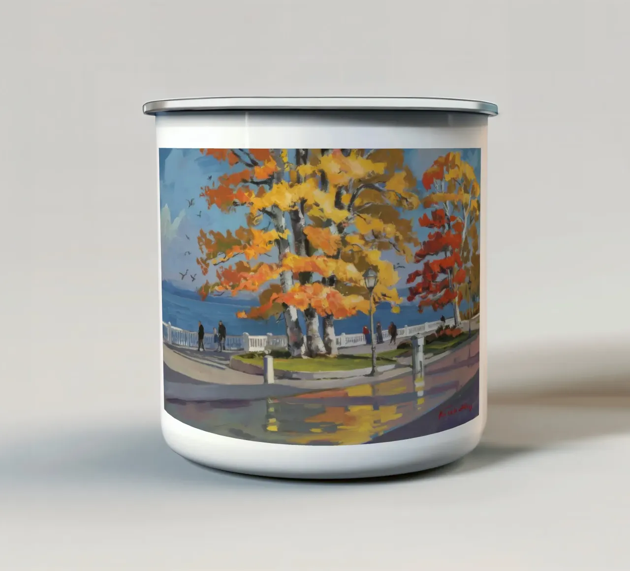 Panorama del lago d'autunno tazza in smalto da Radiance Landscape