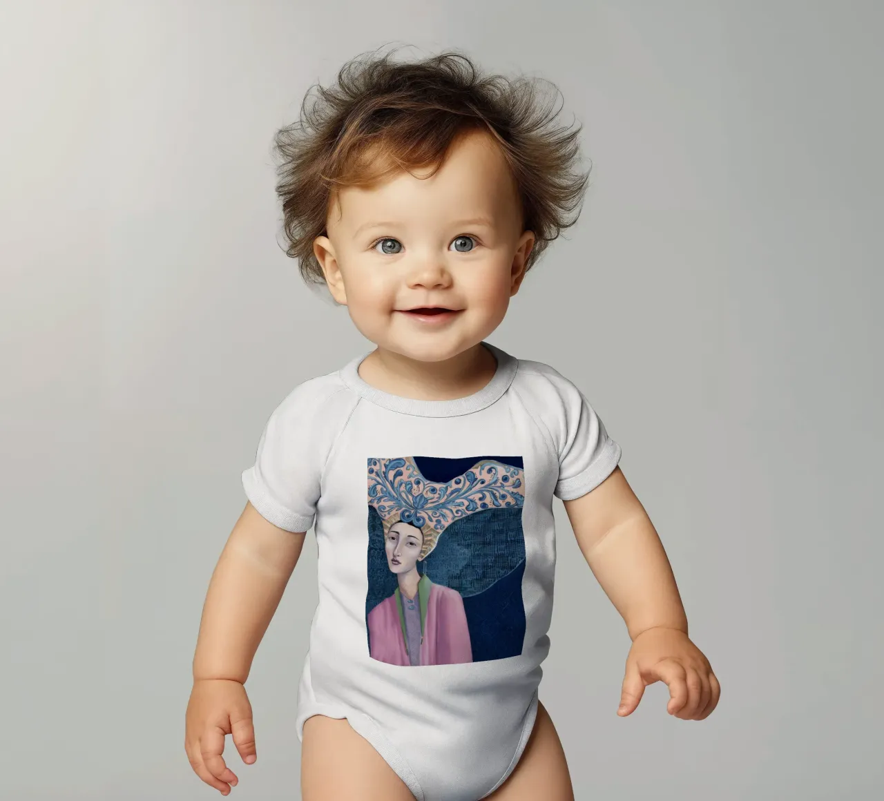 Azure Weave Headdress short-sleeve baby romper by Vivid Reverie