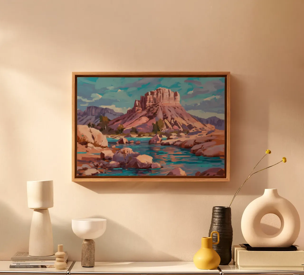 Wüstenfluss-Oase Leinwand mit Schattenfugenrahmen von Radiance Landscape
