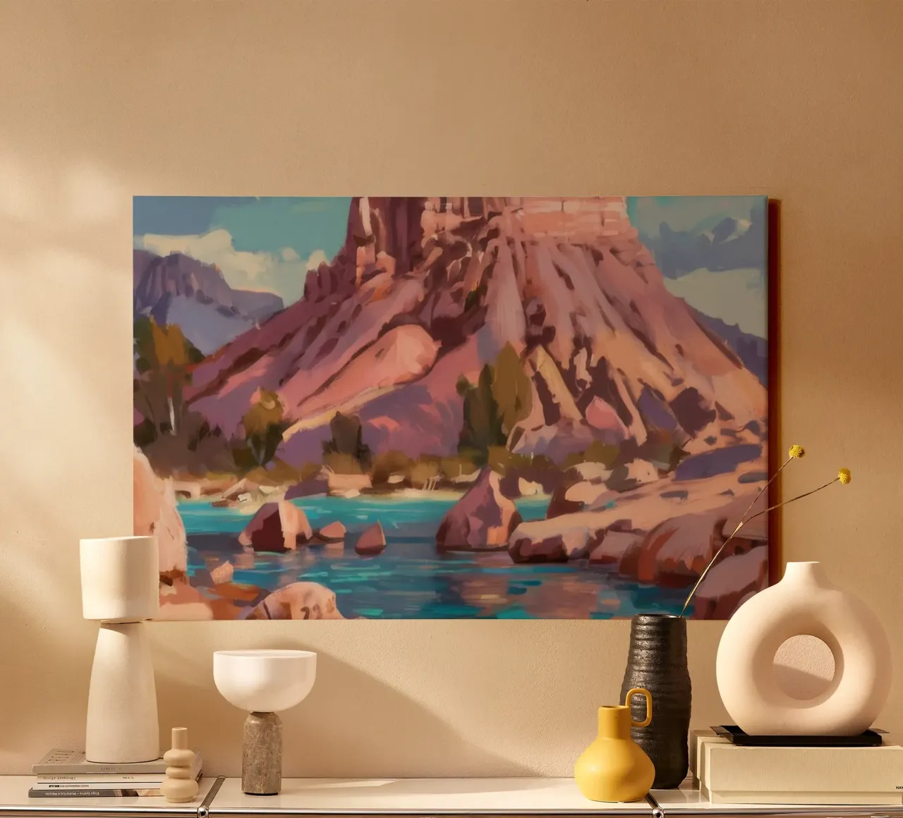 Wüstenfluss-Oase Leinwand mit Schattenfugenrahmen von Radiance Landscape