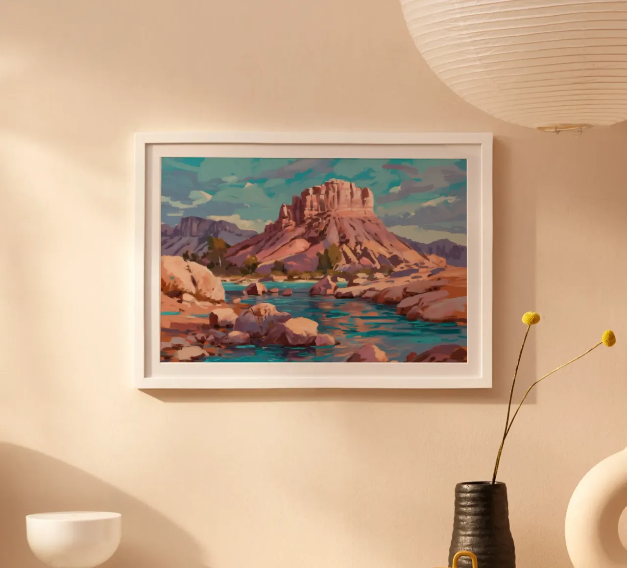 Oasi del fiume Deserto poster con telaio in legno da Radiance Landscape