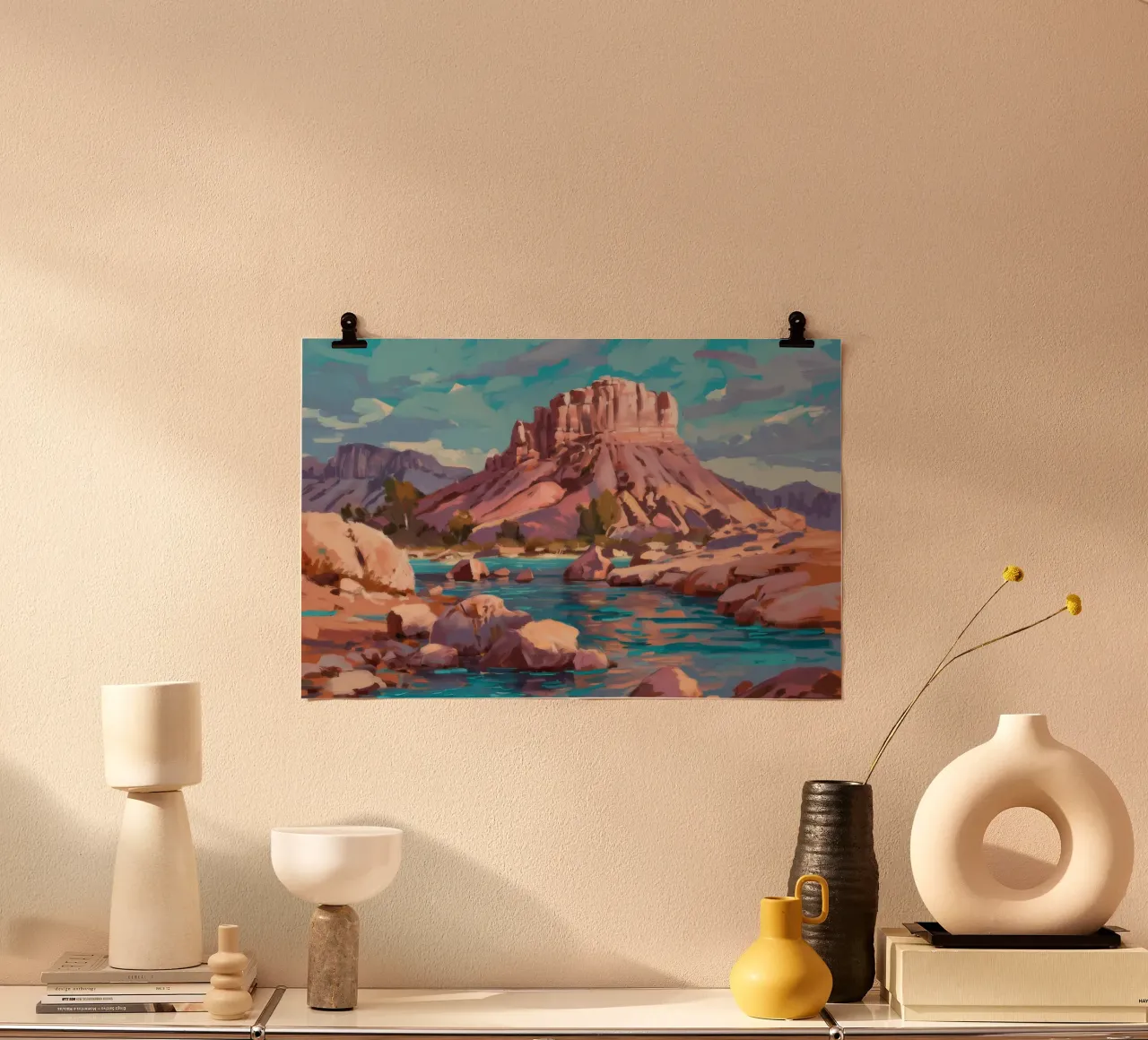 Oasi del fiume Deserto poster con telaio in legno da Radiance Landscape
