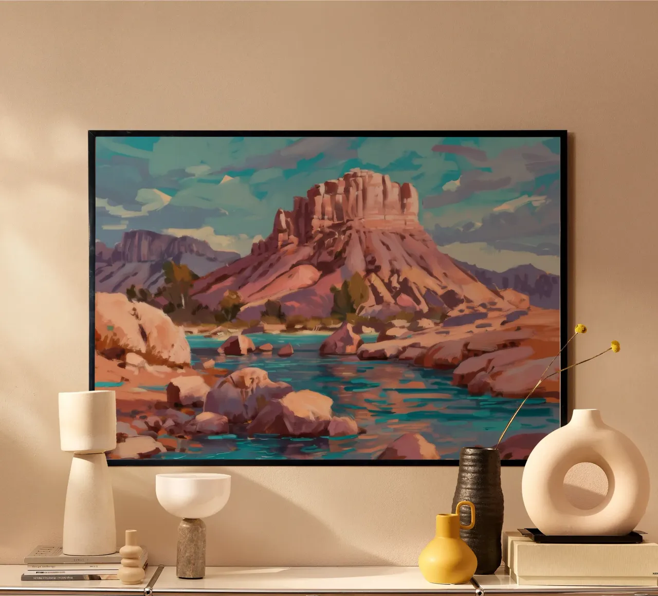 Oasi del fiume Deserto poster con telaio in legno da Radiance Landscape