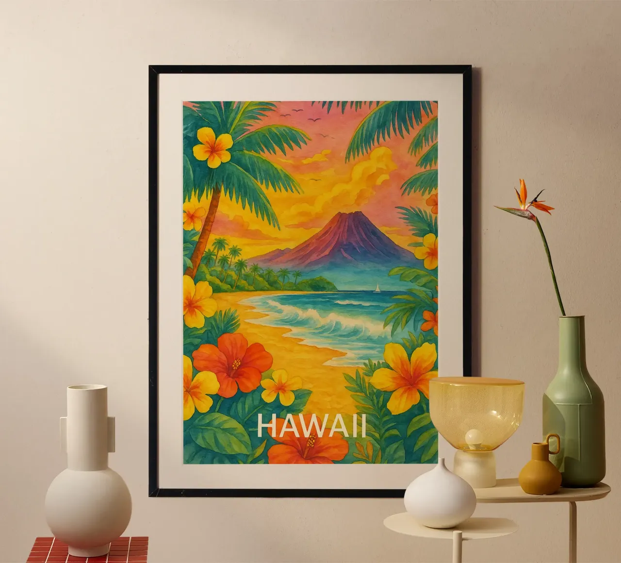 Ilustrazione pittorica della città delle Hawaii poster con telaio in plastica da Allghaniz