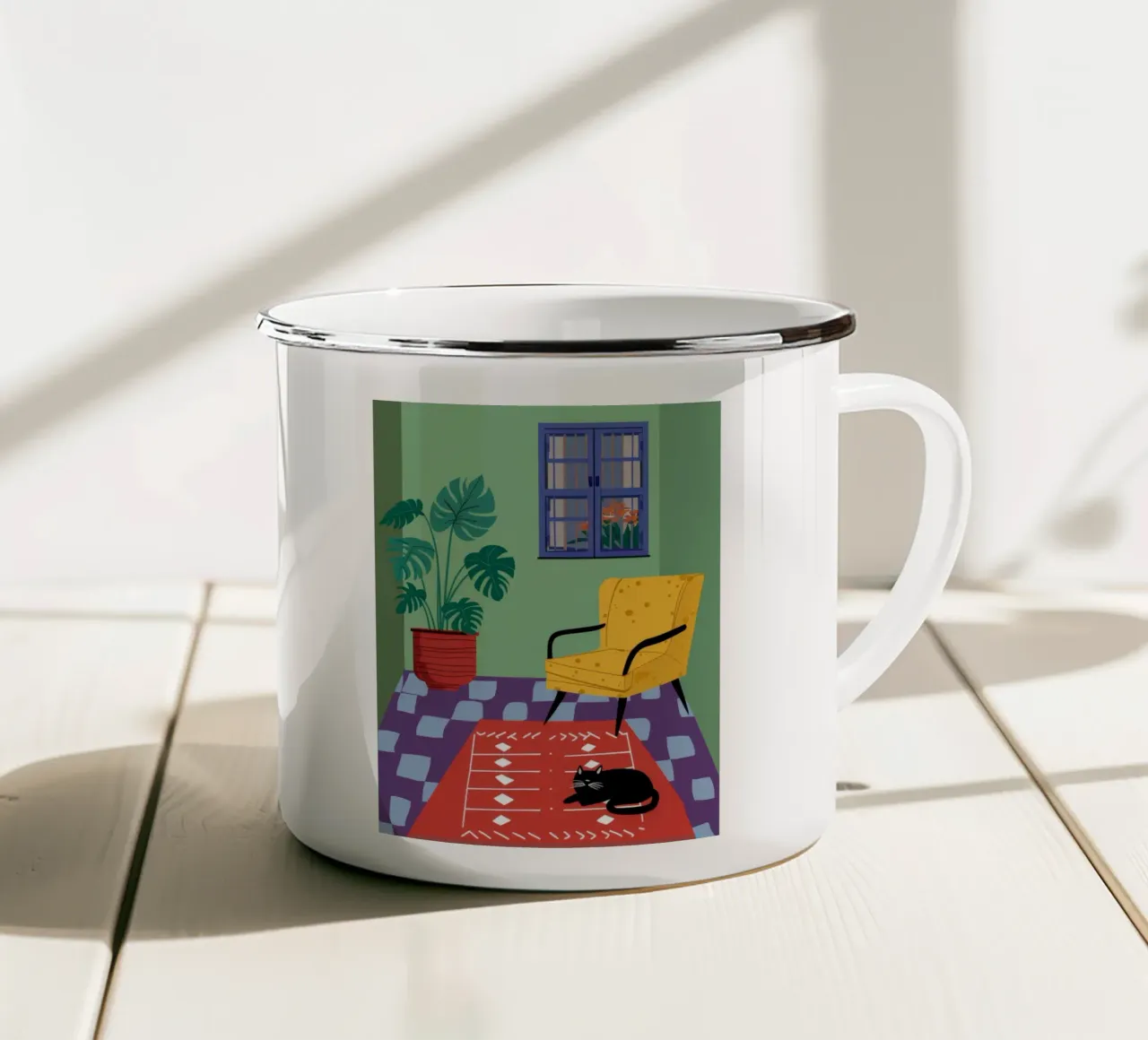 Chat de la chaise jaune mug en émail de Moonlite Desire