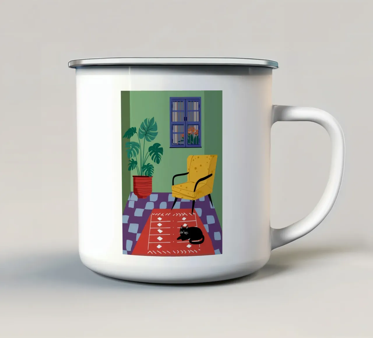 Chat de la chaise jaune mug en émail de Moonlite Desire