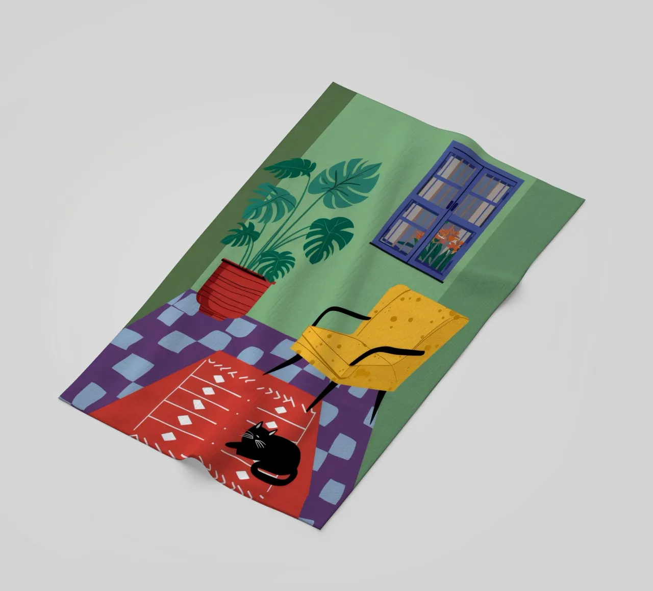 Gatto con sedia gialla telo mare da Moonlite Desire