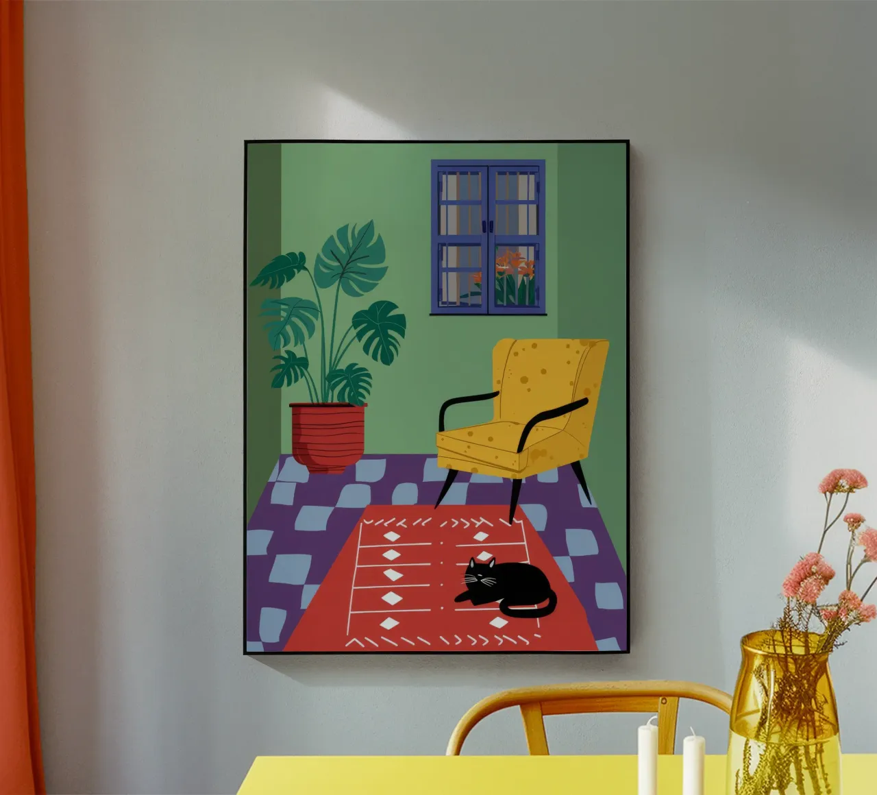 Gatto con sedia gialla plexiglass da Moonlite Desire