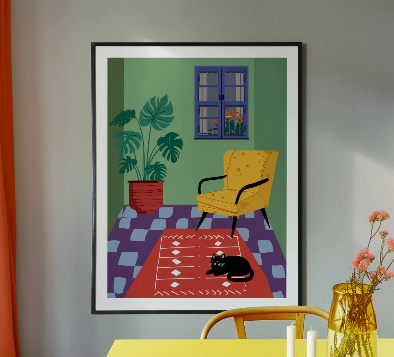 Gatto con sedia gialla carta hahnemühle da Moonlite Desire