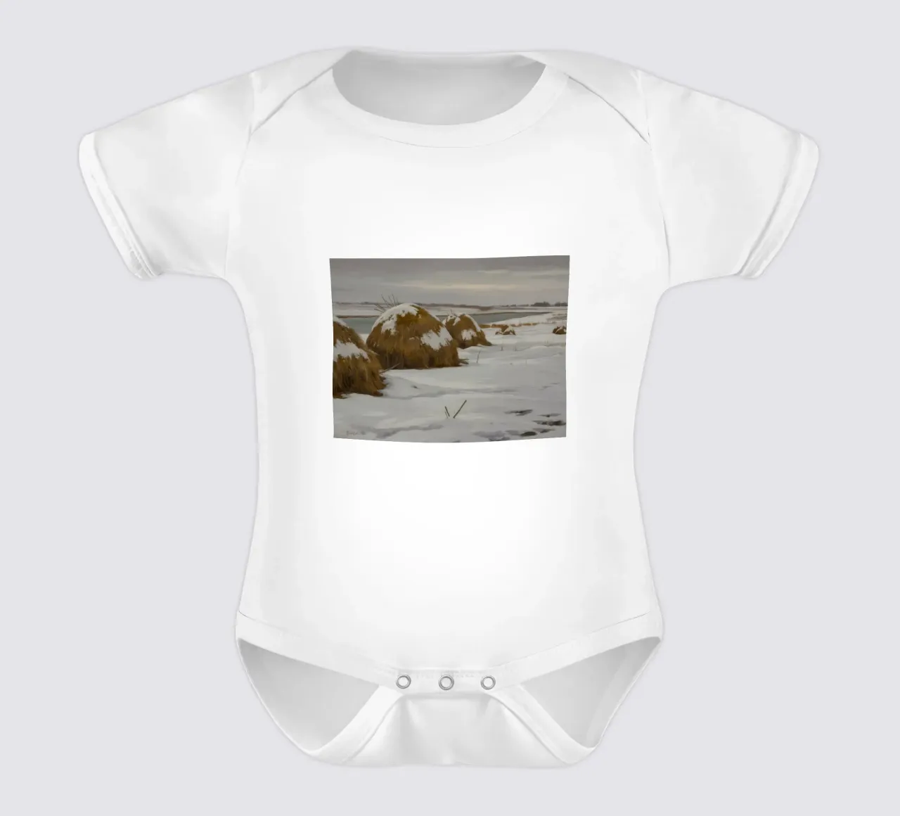 Haystacks Snowy Fields short-sleeve baby romper by Radiance Landscape