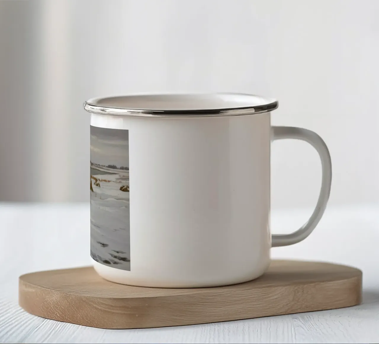 Haystacks Snowy Fields enamel mug by Radiance Landscape