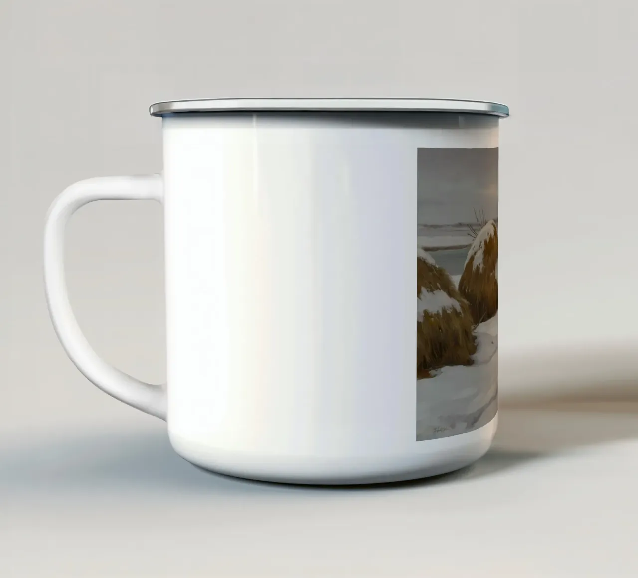 Haystacks Snowy Fields enamel mug by Radiance Landscape