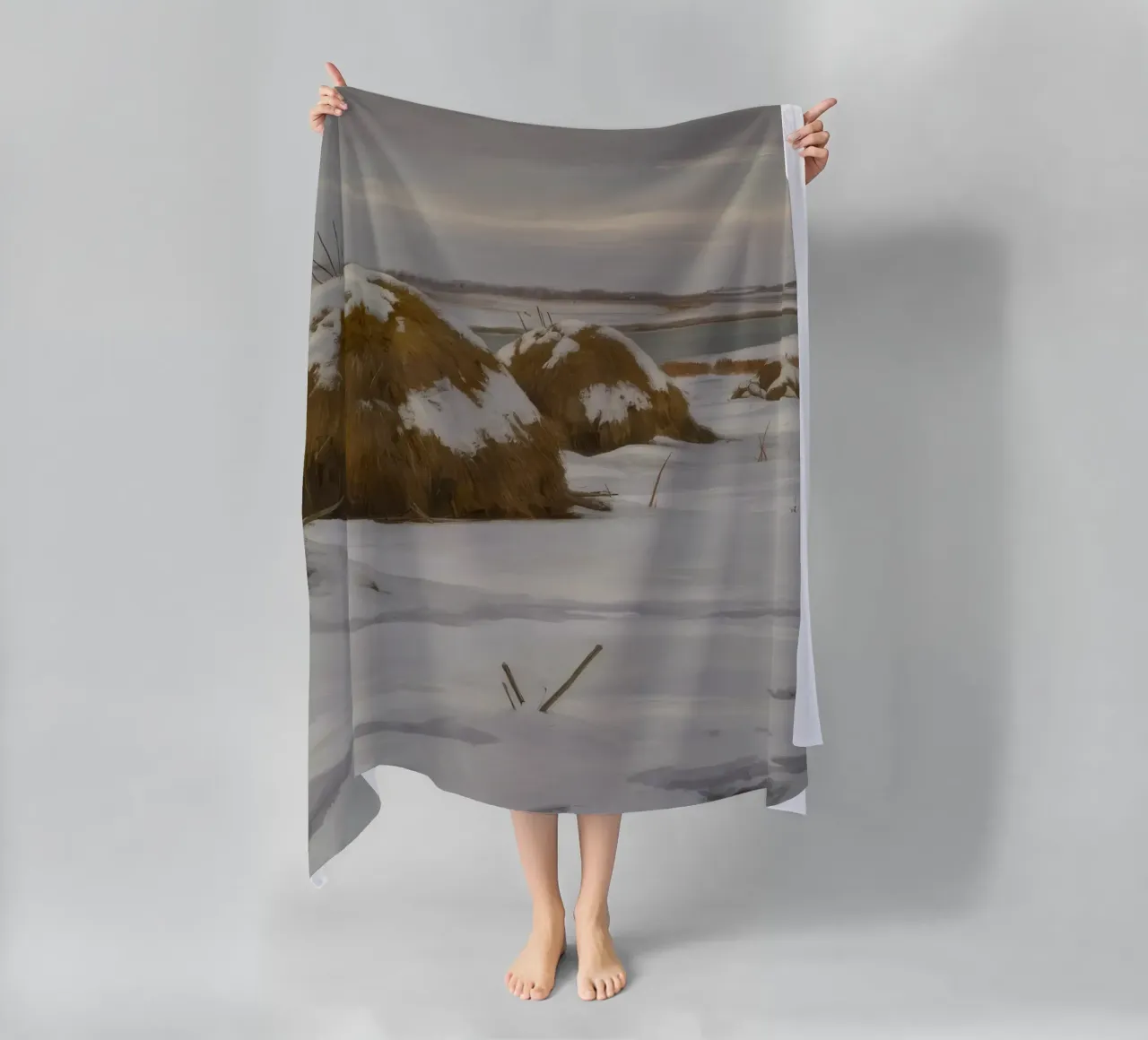 Haystacks Snowy Fields beach towel by Radiance Landscape