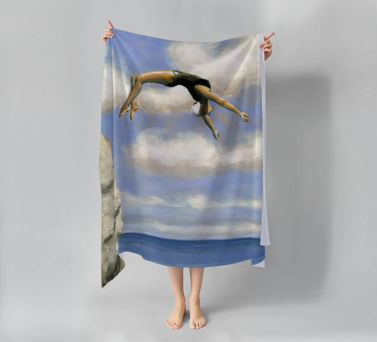 Sarah Morrissette - Diving From a Rock beach towel by Rachelwhell