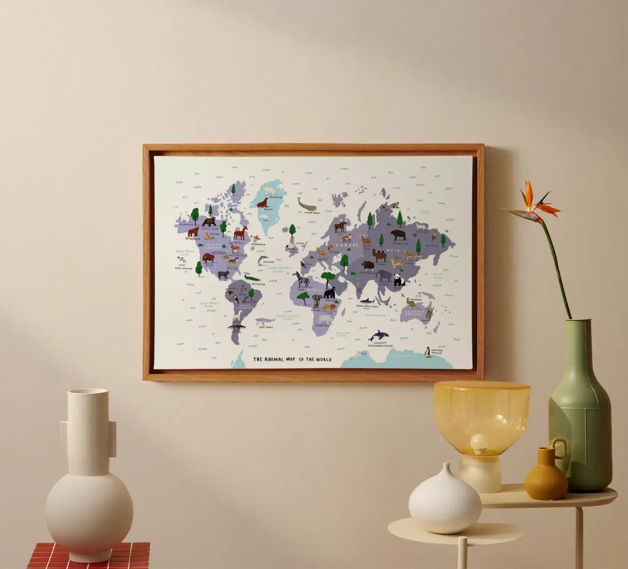 Dieren Wereldkaart Print canvas met Baklijst van Alex Foster
