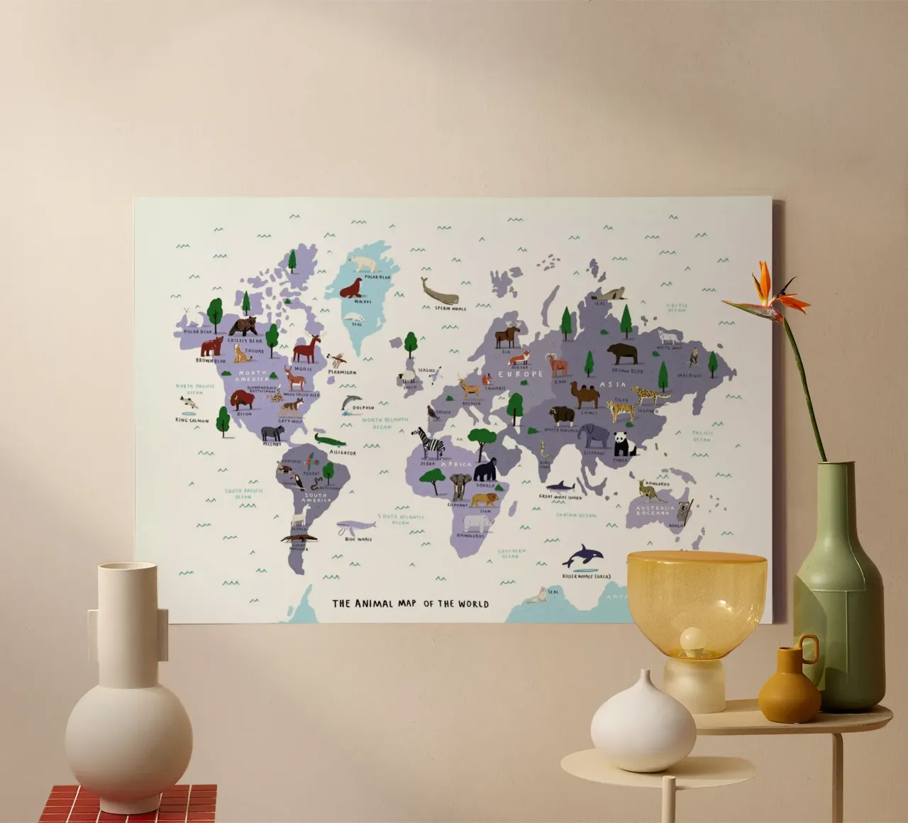 Dieren Wereldkaart Print canvas met Baklijst van Alex Foster