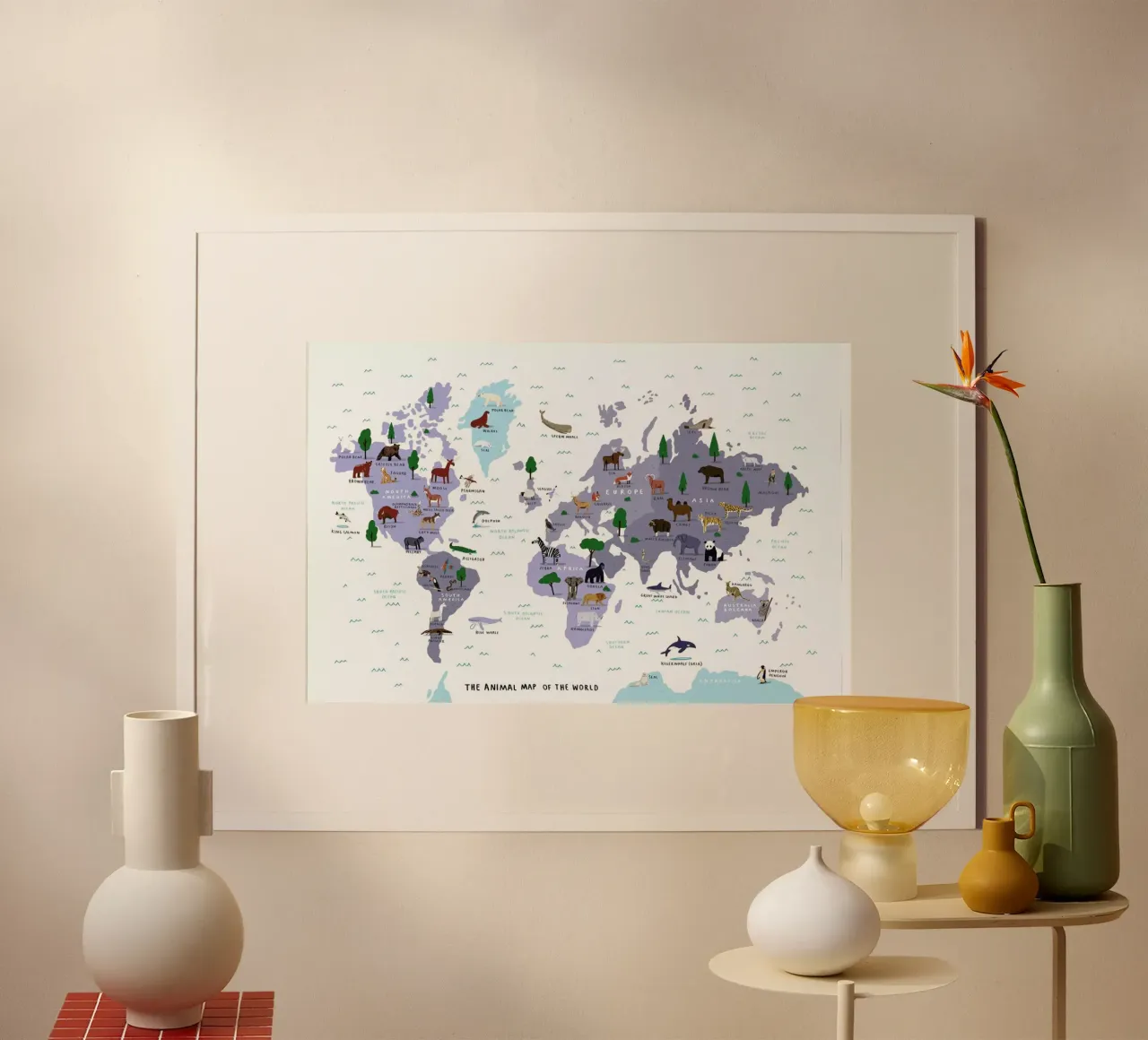 Stampa mappa del mondo animale poster con telaio in alluminio da Alex Foster
