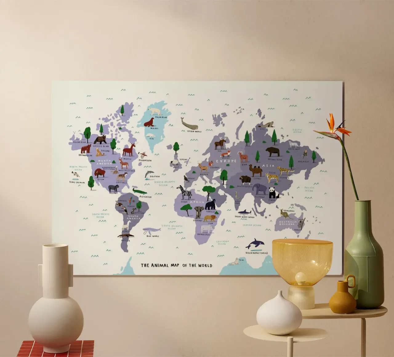 Stampa mappa del mondo animale poster con telaio in alluminio da Alex Foster