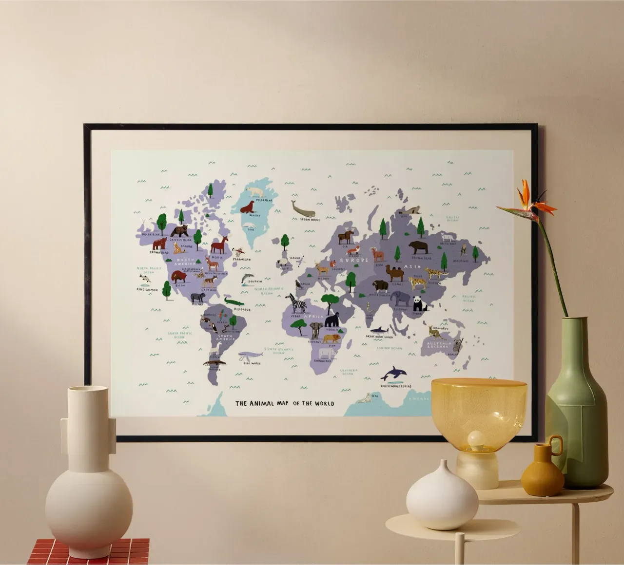 Stampa mappa del mondo animale poster con telaio in alluminio da Alex Foster