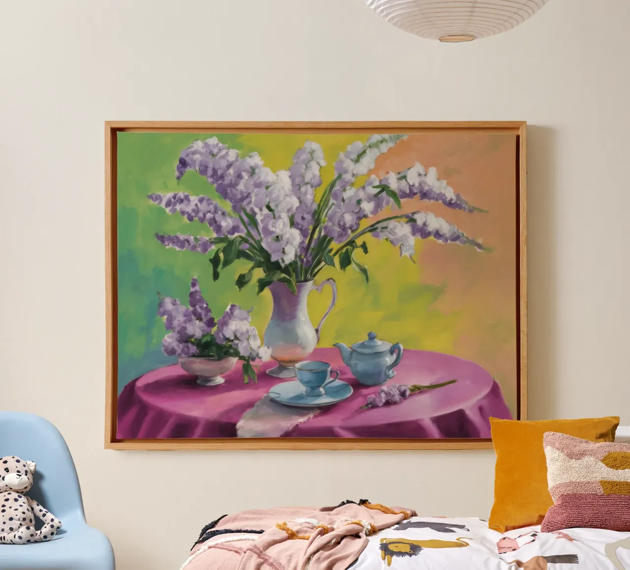 Lilac's Pink Table canvas with Floater frame by Radiance Landscape