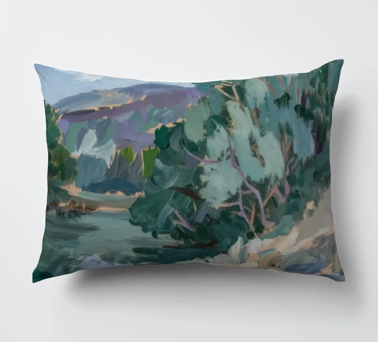 Riverbank's Verdant Calm decorative cushion by Radiance Landscape