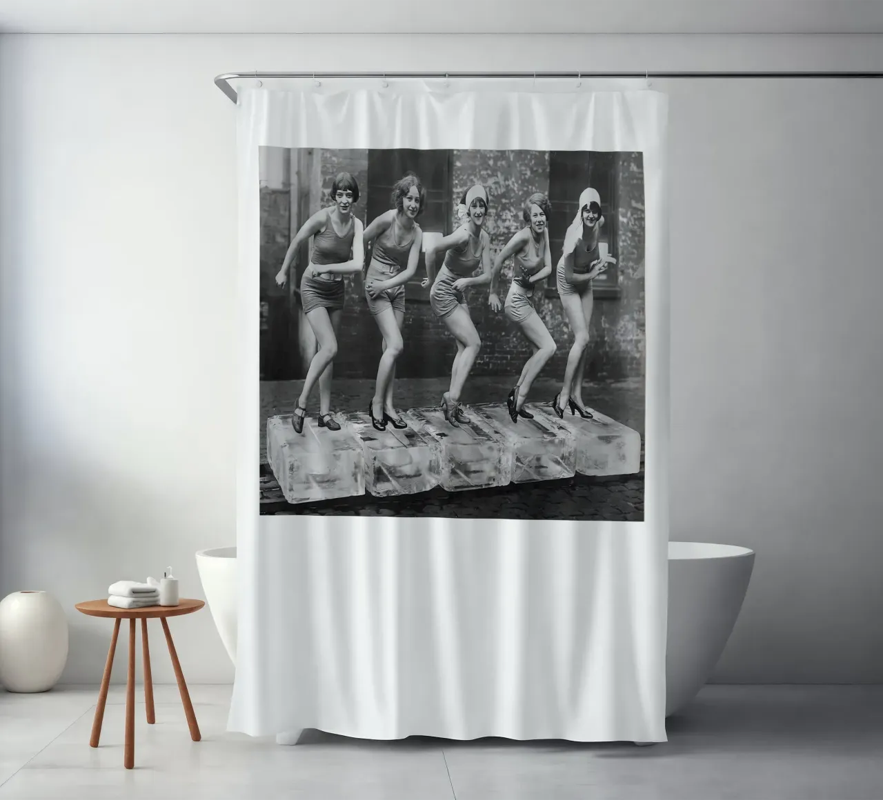 Women Dancing on Ice Blocks shower curtain by Black And White
