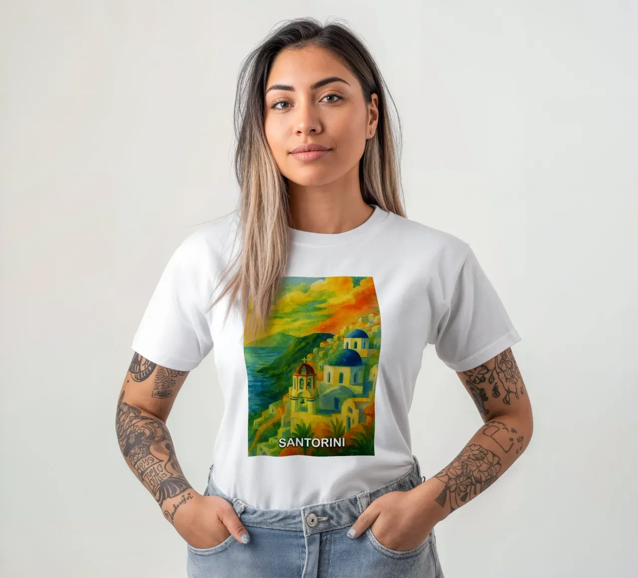 Santorini città dipinto ilustrazione t-shirt da Allghaniz