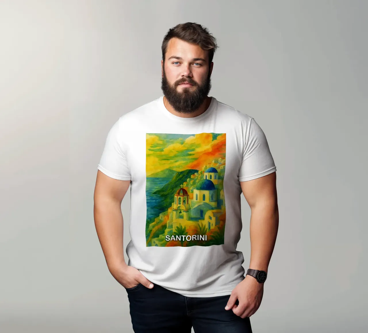 Santorini città dipinto ilustrazione t-shirt da Allghaniz