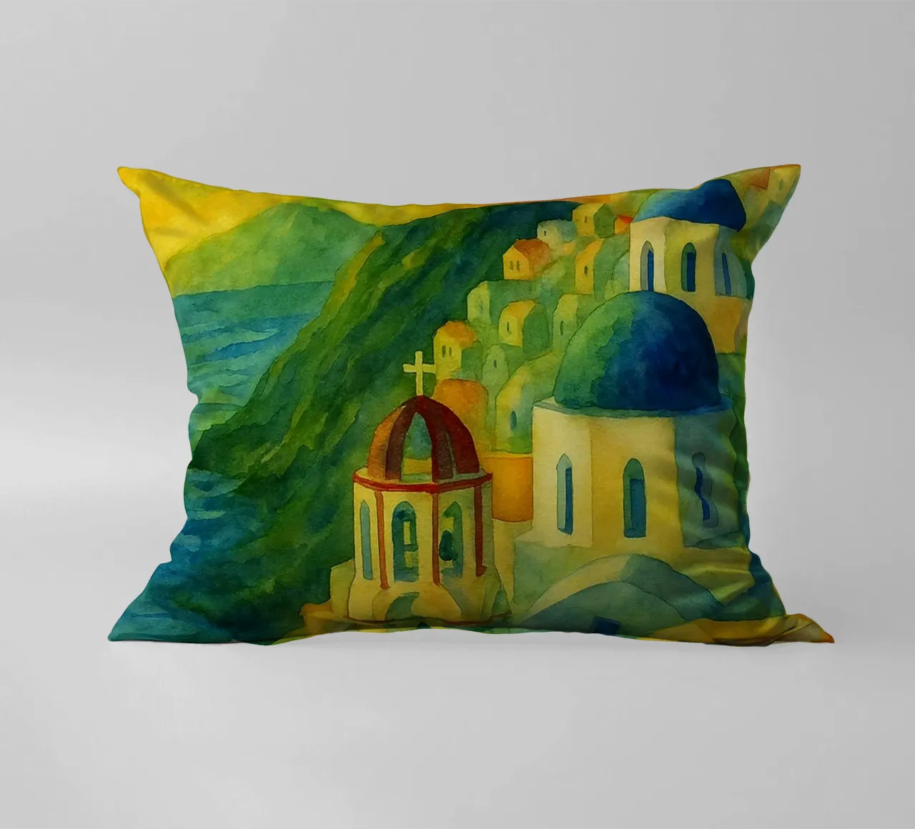 Santorini città dipinto ilustrazione cuscino da Allghaniz