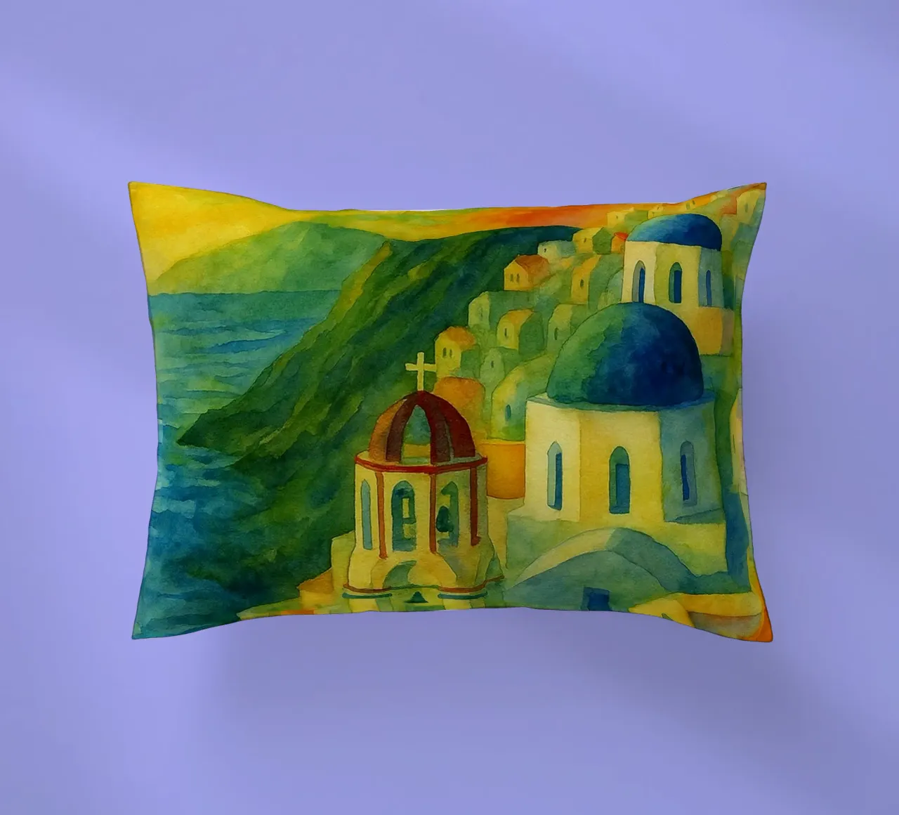 Santorini città dipinto ilustrazione cuscino da Allghaniz