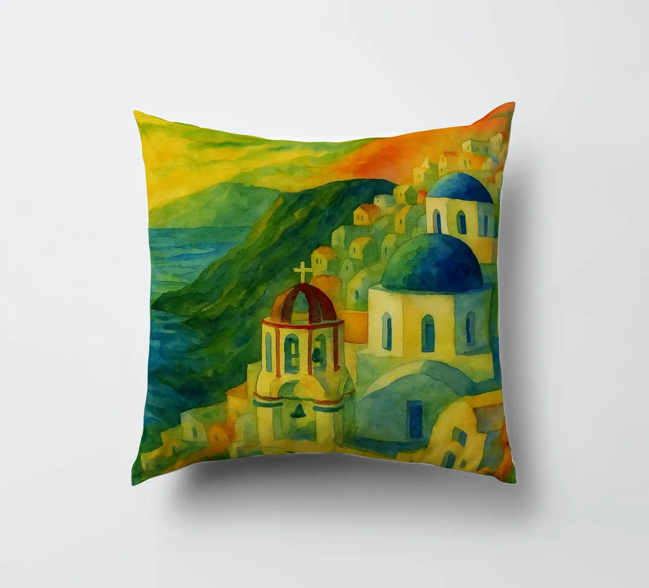Santorini città dipinto ilustrazione cuscino da Allghaniz