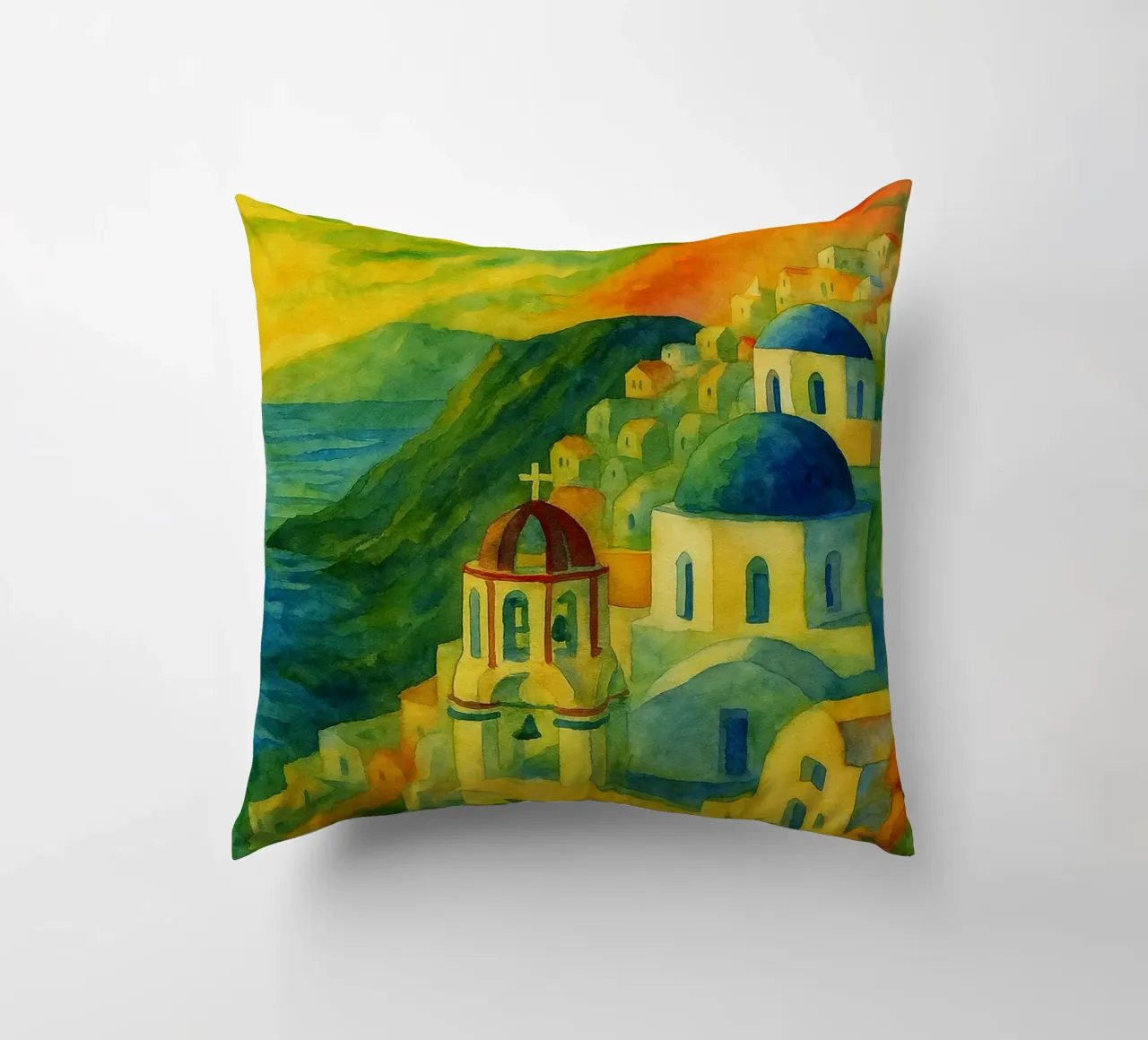 Santorini città dipinto ilustrazione cuscino da Allghaniz