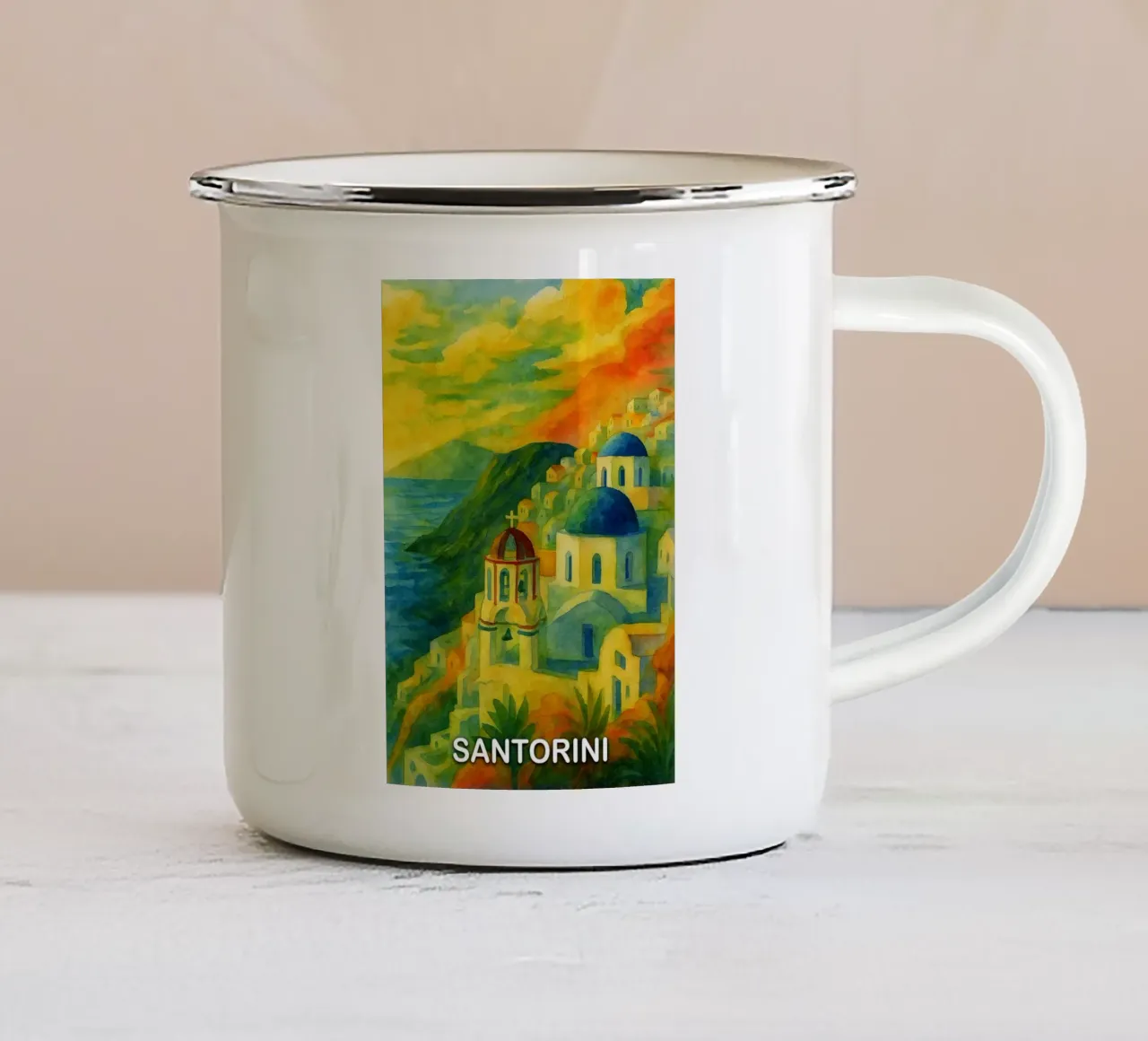 Santorini città dipinto ilustrazione tazza in smalto da Allghaniz