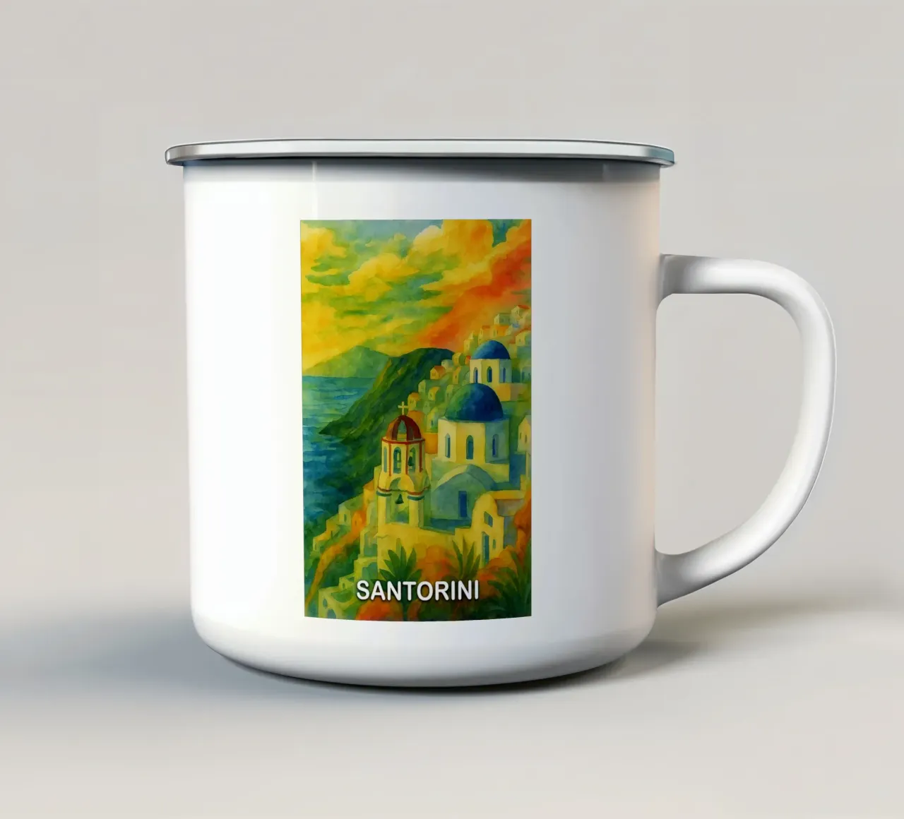 Santorini città dipinto ilustrazione tazza in smalto da Allghaniz