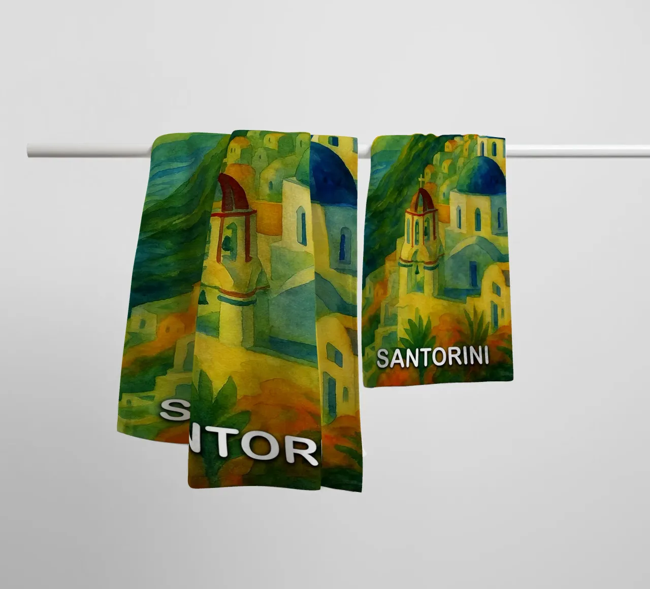Santorini città dipinto ilustrazione asciugamano da bagno da Allghaniz