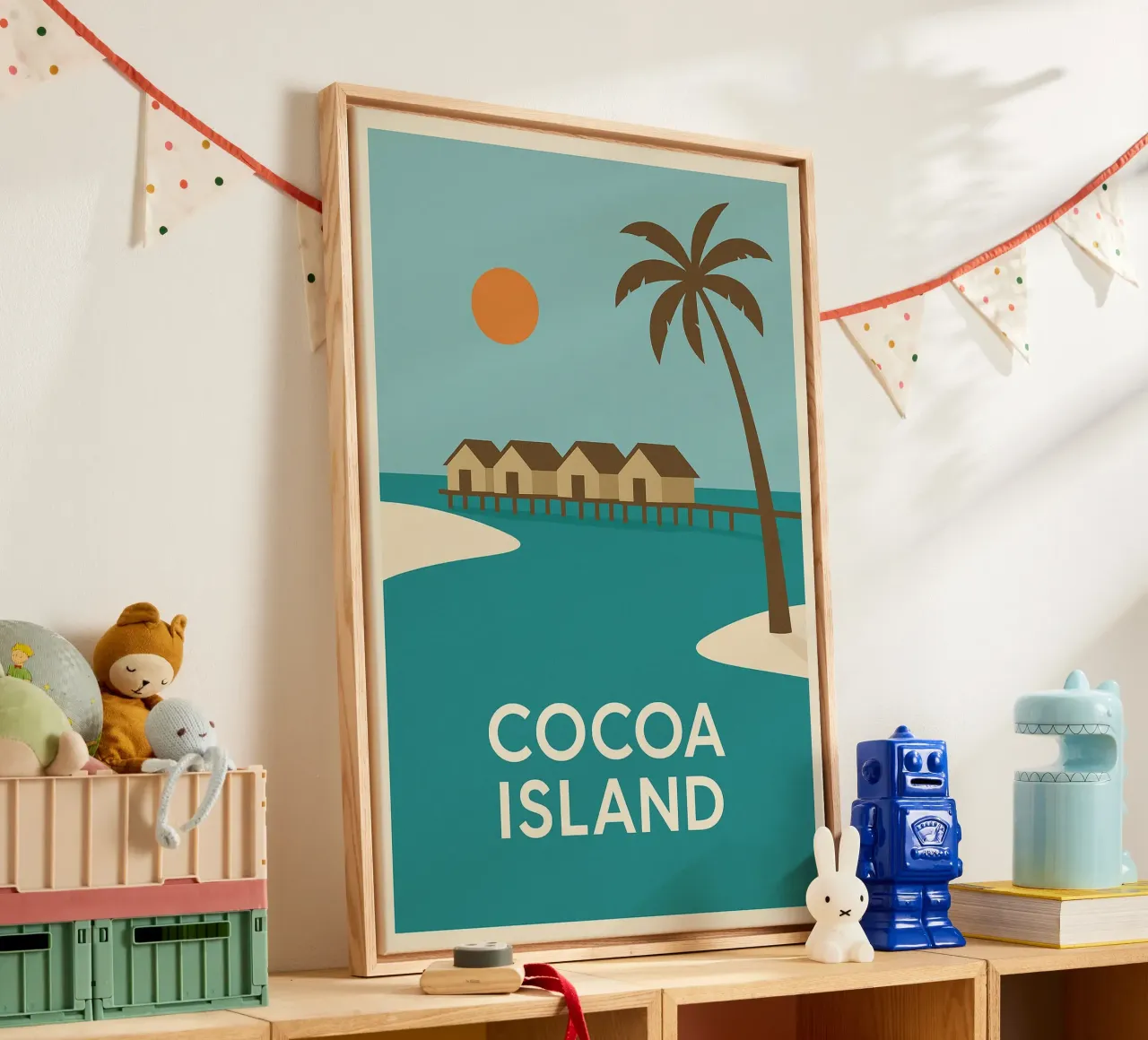 Escapada tropical en la isla del Cacao lienzo con Marco flotante de JETLAG | affiches voyage