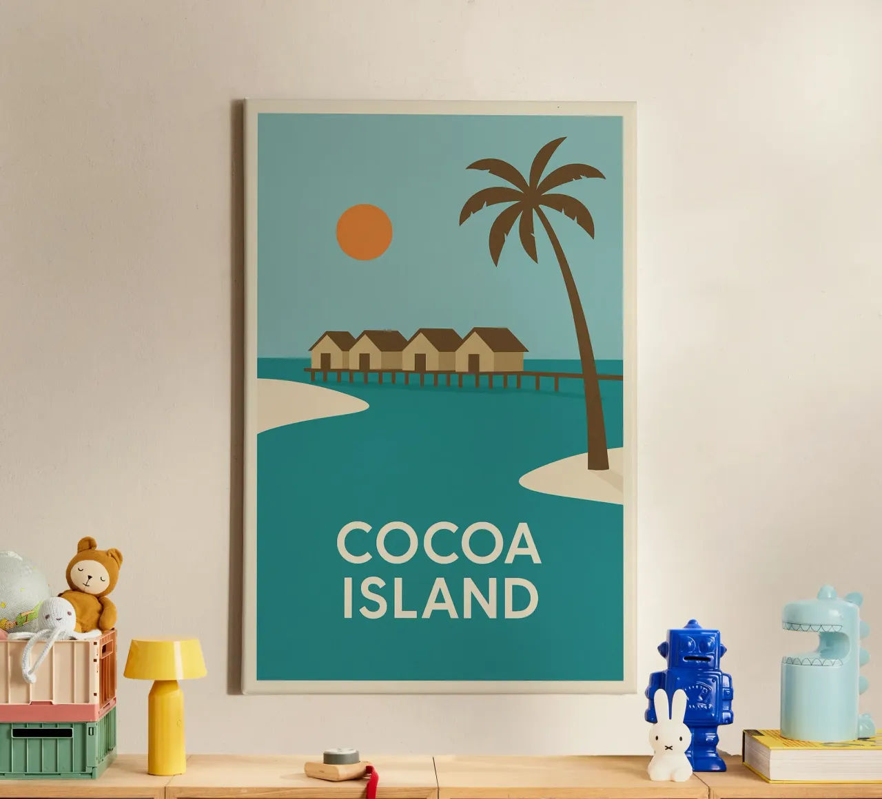 Escapada tropical en la isla del Cacao lienzo con Marco flotante de JETLAG | affiches voyage