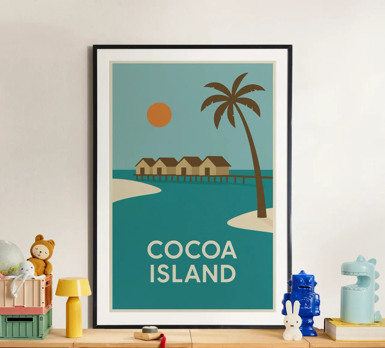 Fuga tropicale sull'isola di Cocoa poster con telaio in plastica da JETLAG | affiches voyage