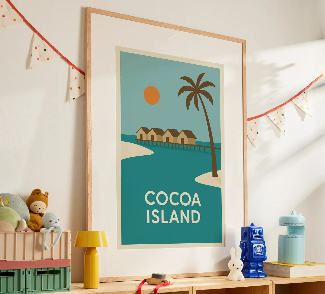 Fuga tropicale sull'isola di Cocoa poster con telaio in plastica da JETLAG | affiches voyage