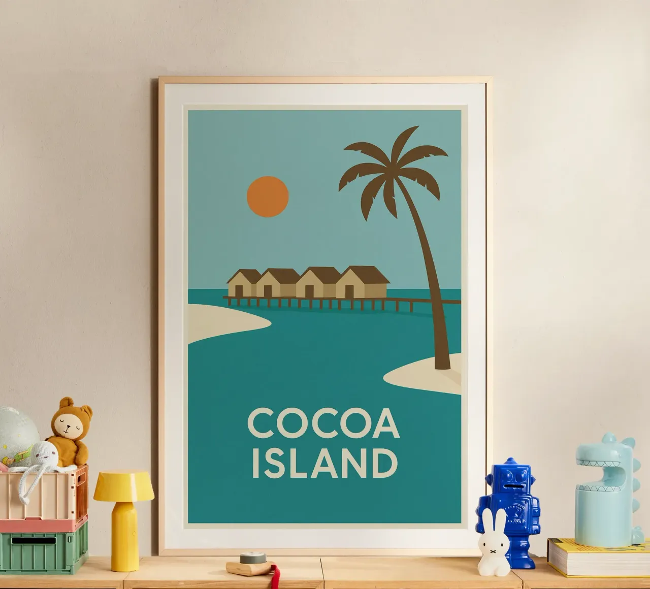 Fuga tropicale sull'isola di Cocoa poster con telaio in plastica da JETLAG | affiches voyage