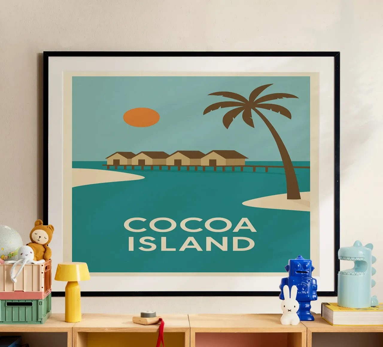 Fuga tropicale sull'isola di Cocoa poster con telaio in plastica da JETLAG | affiches voyage