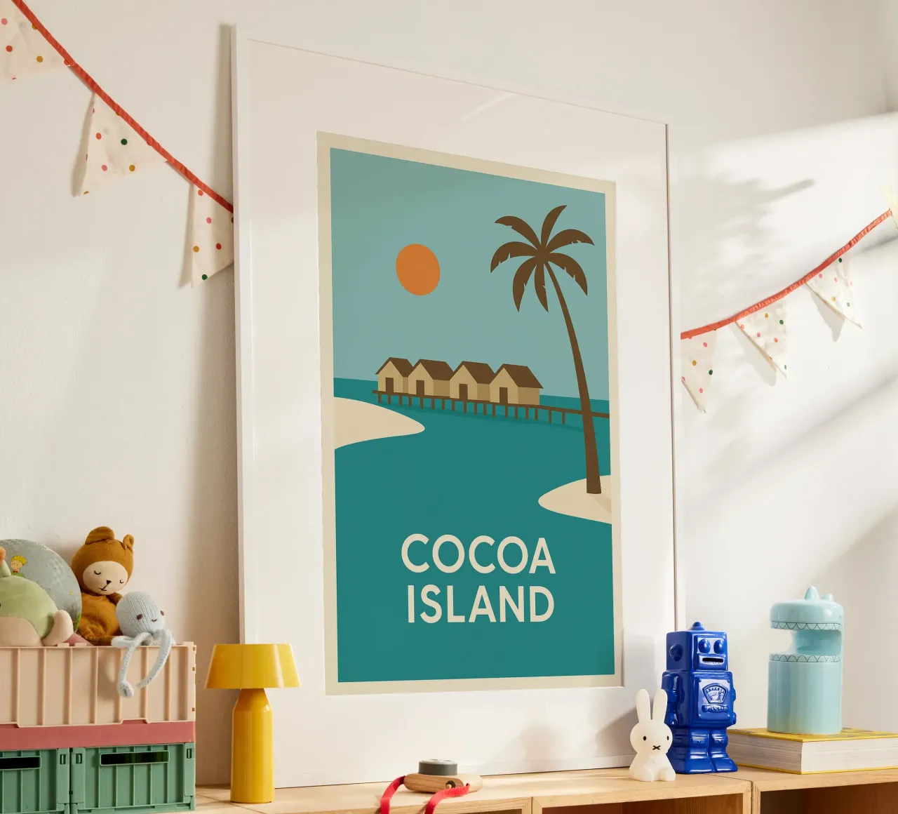 Fuga tropicale sull'isola di Cocoa poster con telaio in plastica da JETLAG | affiches voyage
