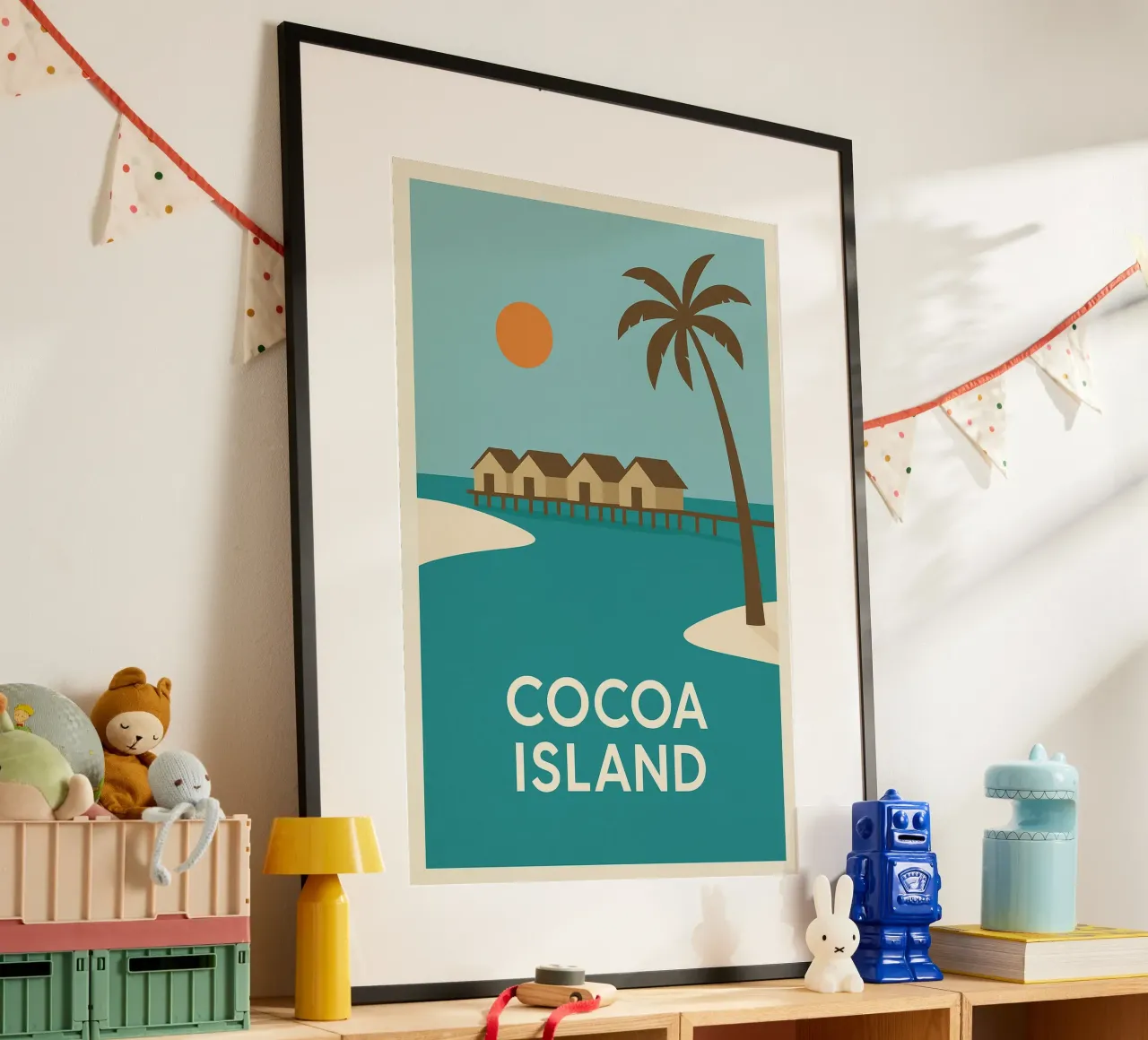 Fuga tropicale sull'isola di Cocoa poster con telaio in plastica da JETLAG | affiches voyage