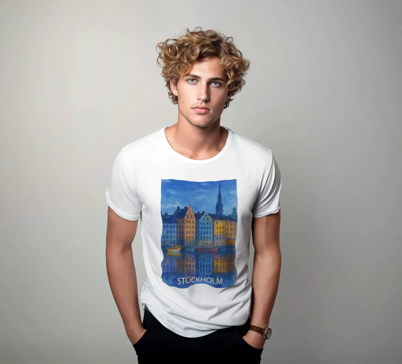stockholm city painting ilustration t-shirt by Allghaniz