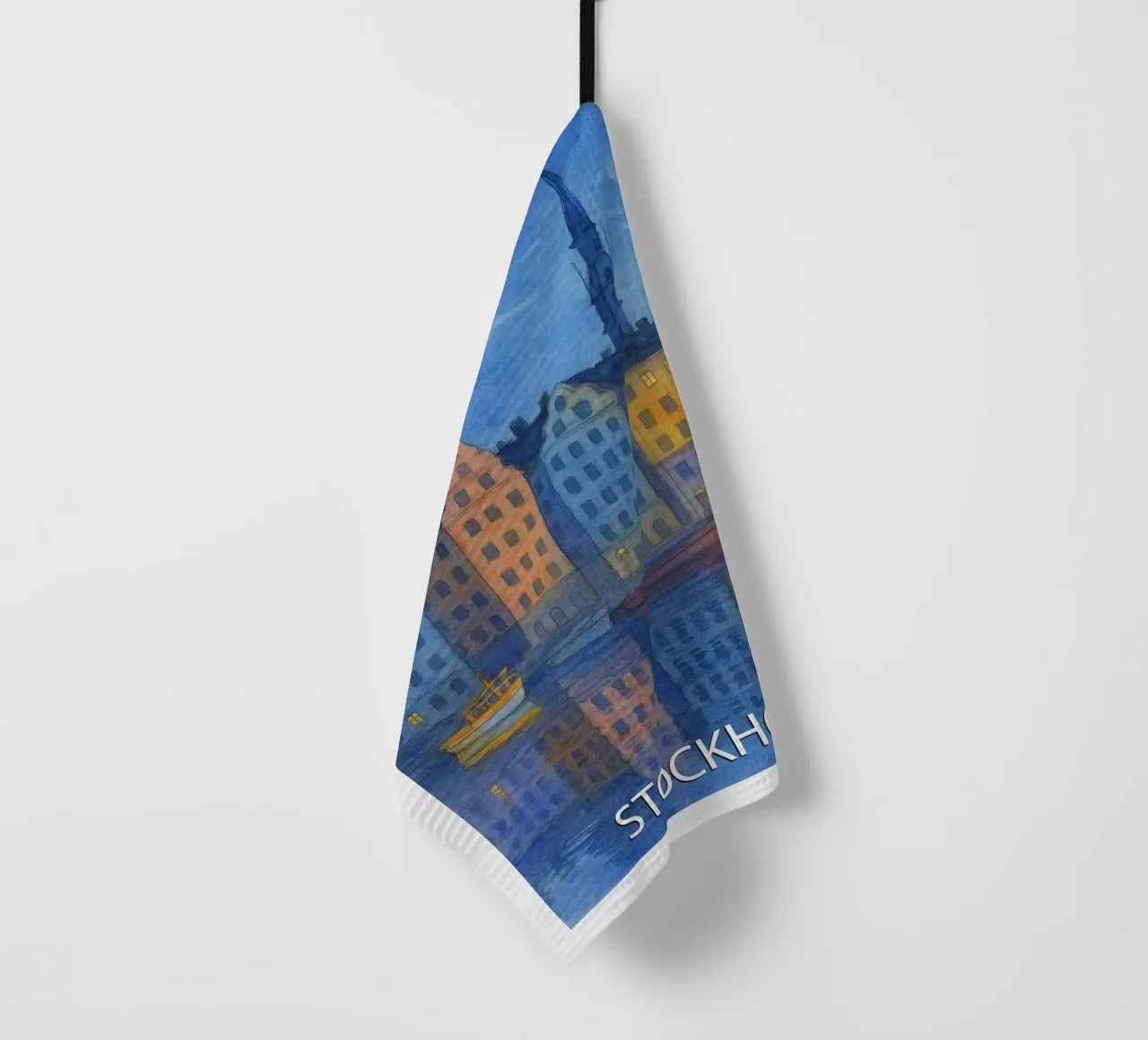 stockholm city painting ilustration tea towel by Allghaniz